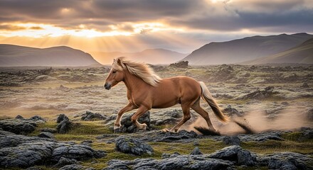 Majestic Icelandic Horse Galloping Across Rugged Landscape at Sunset