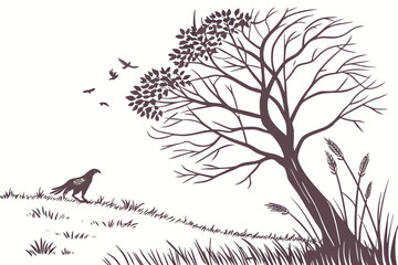 Cartoon Eagle Perched on Leafy Branch Vector - Monochrome Mascot Graphic