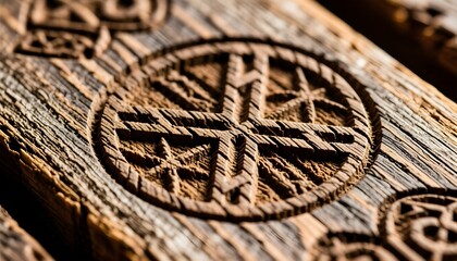 Traditional wooden carving with folk symbol close-up