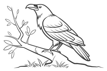 Bird on Nest with Egg Basket on Tree Branch Vector - Monochrome Nature Graphic

