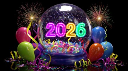 Colorful Snow Globe with Neon 2026 and Party Celebration Background