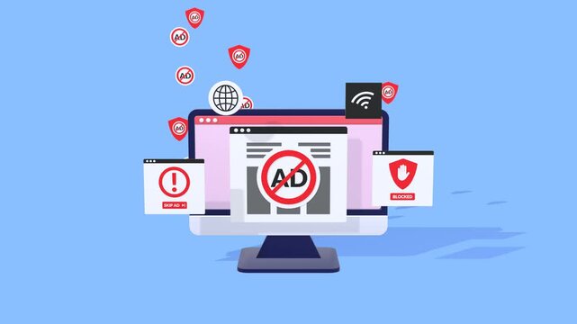 Animated Concept Depicting Ad Blocker Software Removing Online Ads And Ensuring Safe, Ad-free Browsing. Perfect For Cybersecurity, Online Privacy, And Digital Safety Projects.