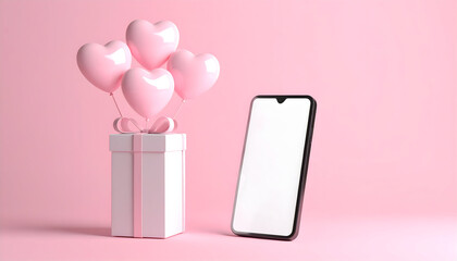 Romantic Digital Gift: A modern smartphone next to a gift box adorned with heart-shaped balloons, conveying love, connection, and technological charm.