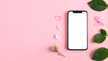Elegant Technology: A minimalist arrangement showcasing a modern smartphone with a blank screen, alongside delicate petals and leaves. A picture of a fresh, clean aesthetic.