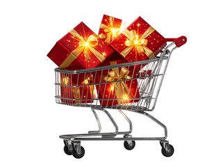 Luxury Shopping Cart with Red and Gold Gift Packages PNG