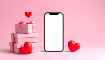 Valentine's Day Celebration: An arrangement of gift boxes and hearts with a blank screen mobile phone, set against a vivid pink backdrop