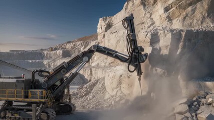 Automated rock drilling rig performing efficient highspeed drilling on uneven terrain emphasizing seamless mechanized operations in industrial settings.