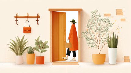 Stylish woman entering a cozy home adorned with lush indoor plants and warm earthy tones, bringing a basket inside