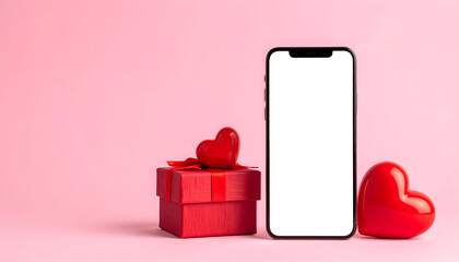 Valentine's Day: The composition displays a minimalist setting that features a red gift box, two vibrant red hearts, and a sleek smartphone. A modern illustration of romance and technology