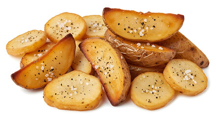 Baked potato wedges, fried potatoes isolated on white background