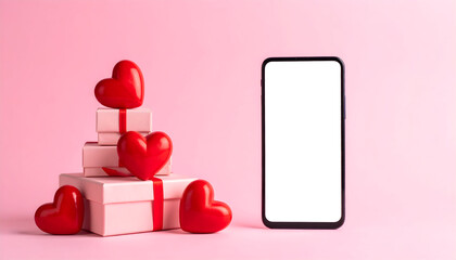 Love's Digital Touch: A display of heart-shaped ornaments and gift boxes beside a sleek smart phone, celebrating love and connection against a soft, warm hue.