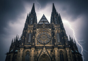 Gothic cathedral towers under dramatic stormy skies with lightning