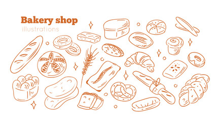 Hand drawn bakery and pastry set. Vector collections of bread, buns, croissant and other types of baked food. Sketch doodle style ink illustration.

