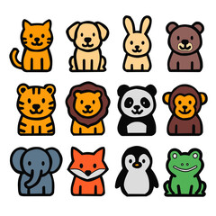 Cute Animal Icon Set – Flat Cartoon Wildlife and Pet Characters