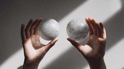 A pair of hands holding two decorative stone spheres in a beam of light, showcasing texture, form, and the interplay of light and shadow