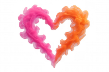 Heart shape created by swirling pink and orange ink mixing in water, abstract love concept on transparent background