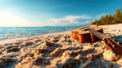 A serene guitar resting on the warm sand near the ocean, capturing the essence of beach life and relaxation as the sun sets on the horizon, creating a tranquil atmosphere.
