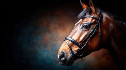 Fototapeta premium A stunning close-up portrait of a brown horse with a gleaming coat and bridle, highlighting its majestic features and the bond between humans and horses.