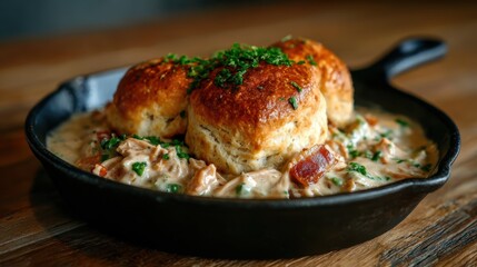 A close-up view of fluffy, golden biscuits sitting atop a creamy chicken mixture, elegantly served in a cast iron skillet, showcasing the comfort food appeal of this dish.