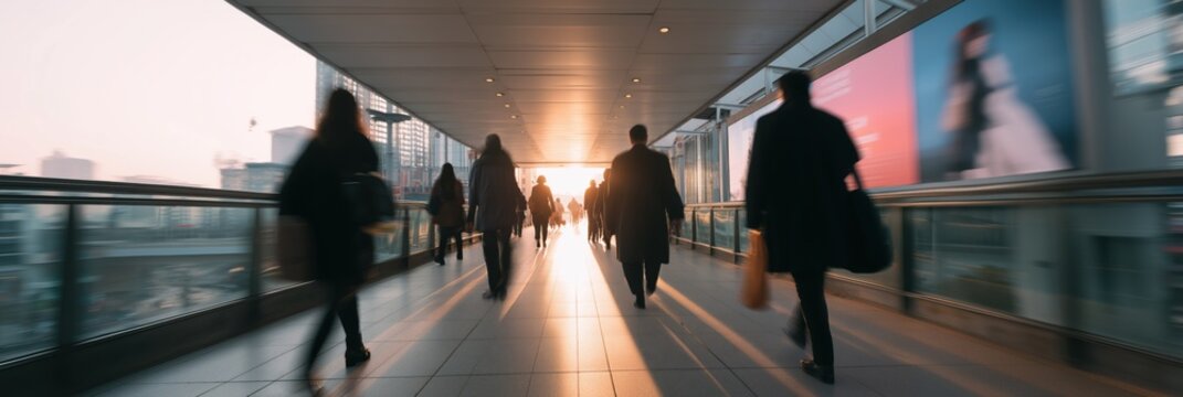 Silhouettes of people walking in urban pedestrian bridge at sunset - Powered by Adobe