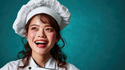 A cheerful chef wearing a traditional chef's hat, radiating joy and passion for cooking, as they share their talent and skills in a vibrant culinary environment.