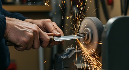Metalworker sharpening knife on grinding wheel with sparks flying in workshop