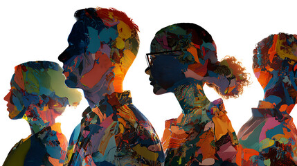 Diverse group of people with vibrant, colorful patterns filling their silhouettes, symbolizing unity, diversity, and artistic expression isolated on white background