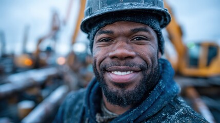 A smiling construction worker dressed warmly in cold conditions symbolizes resilience and hardworking spirit, showcasing determination and positivity despite winter challenges.