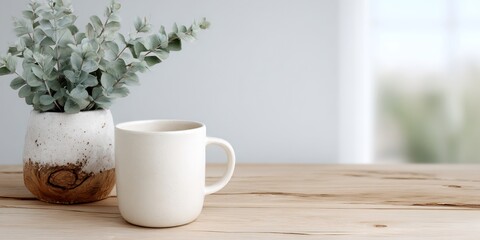 Obraz premium White coffee cup sits on a wooden table next to a potted plant