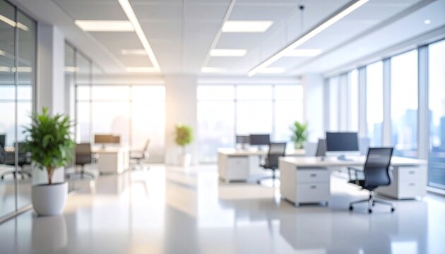Soft focus view of a contemporary open-plan office interior with natural light, creating a bright and professional business background