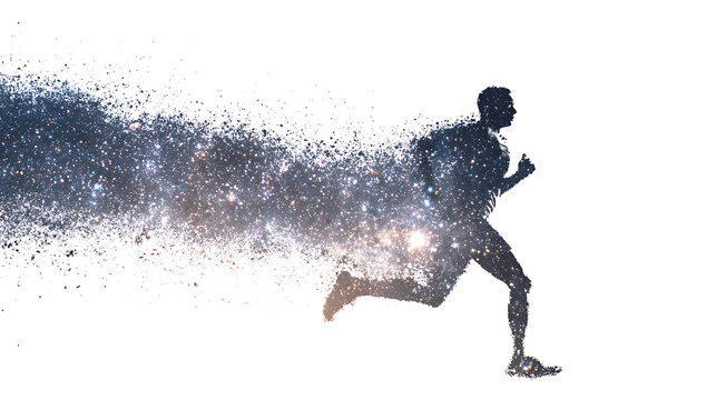 Silhouette of a running man disintegrating into particles, symbolizing transformation, speed, and the ephemeral nature of time isolated on white background