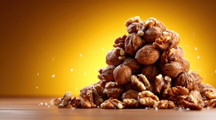 An aesthetic display of various nuts artistically arranged on a smooth wooden surface, exuding a natural vibe that emphasizes healthy snacking and gourmet flavor.