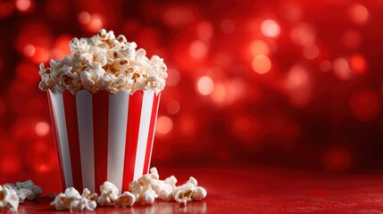 A vibrant image of freshly popped popcorn spilling from a classic red and white striped bucket, evoking excitement and celebration in a cheerful atmosphere.
