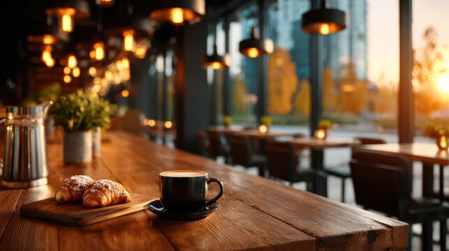 A beautifully arranged coffee scene featuring a cup and two croissants on a wooden table, radiating warmth as the sun sets through large glass windows.