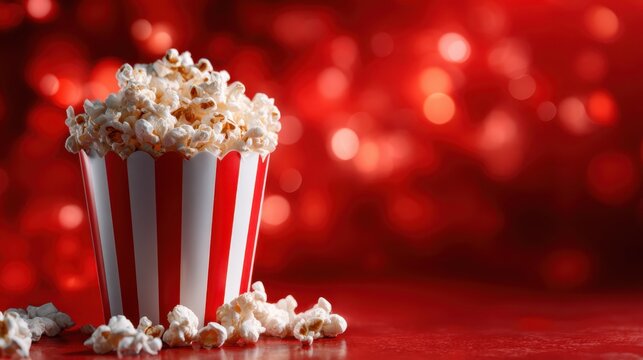 A vibrant image of freshly popped popcorn spilling from a classic red and white striped bucket, evoking excitement and celebration in a cheerful atmosphere. - Powered by Adobe