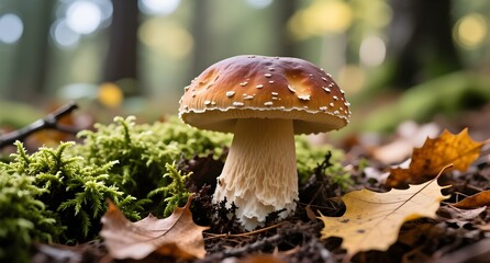 Brown mushroom growing in autumn forest with moss