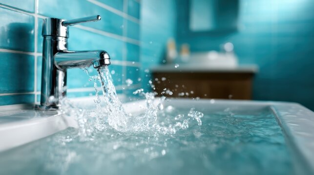 A close-up of water flowing from a sleek modern sink faucet, representing freshness, cleanliness, and the essential nature of water in our daily lives and hygienic practices.