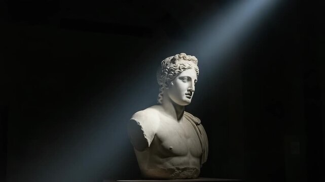 Marble bust of Greek philosopher illuminated by dramatic lighting  