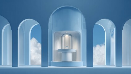 Fototapeta premium A minimalist, light-blue architectural interior, showcasing arched openings, a circular platform, and a subtle light source.