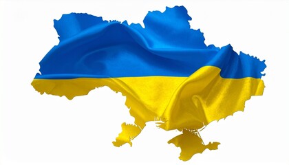 The flag of Ukraine covering the country map outline with blue and yellow fabric texture isolated on white background