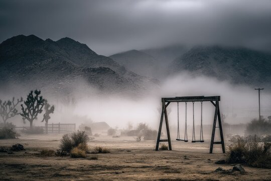 Empty swing set in a desert landscape shrouded in fog - Powered by Adobe