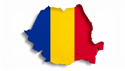 The flag of Romania placed within the map shape of Romania bold vertical stripes isolated on white background
