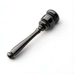 Polished black gavel,  lying diagonally on a white background.  A  court or auction hammer,  with a  smooth, rounded head and a long, slender handle