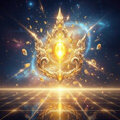 Thai-inspired golden ornament with multicolor crystal gems, blending cultural elegance with cosmic fantasy