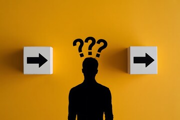 Silhouette of a person with question marks above head making a choice on yellow background