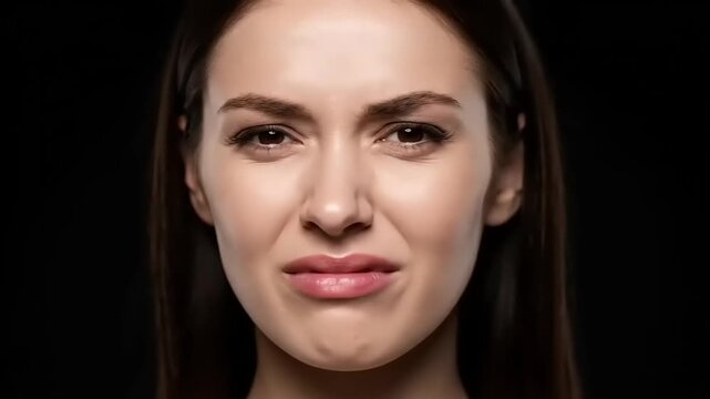 Close-up of a young brunette woman expressing disgust with a grimace