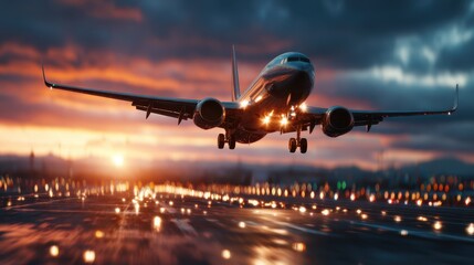 An airplane launching into the sunset sky, illuminated by its landing lights and framed by a dramatic cloudscape, capturing the essence of travel, adventure, and freedom.