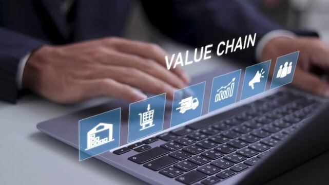 Business value chain management concept. Process of procuring raw materials until the product reaches the customer. Businessman use laptop with virtual icon.