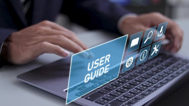 User manual guide concept, Providing detailed advice, Online instruction manual and strategy advice. Businessman using laptop with virtual user guide icon for business service.