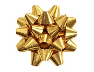 A shiny golden metallic gift bow decoration for presents and celebrations.